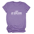 Detail of purple cotton T-shirt featuring I Put My Book Down slogan and rolled sleeves - S / Purple (White Font)