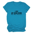 Close-up of heather blue T-shirt fabric with I PUT MY BOOK DOWN slogan and rolled sleeves - S / Lake Blue (Black Font)