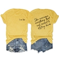 Flat lay detail of yellow T-shirt with I am She print and denim shorts outfit - Yellow (Black Print)