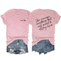 Detailed front and back view of pink heather t-shirt with inspirational text and denim shorts - Pink (Black Print)