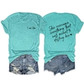 Detail of blue T-shirt with 'She overcame everything' quote and ripped denim shorts - S / Deep Water Blue