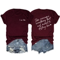 Detail view of burgundy cotton t-shirt with inspirational quote text and distressed denim shorts - Wine Red (White Print)