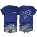 Detail of navy T-shirt with 'I am She' print and distressed denim shorts outfit set - Retro Blue (White Print)