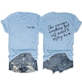 Women's light blue T-shirt with inspirational quote and vintage denim shorts outfit set - Light Blue (Black Print)
