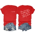 Detail view of red cotton T-shirt featuring inspirational back print and white lettering - Red (White Print)
