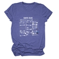 Close-up of Heather Purple T-shirt featuring vintage DATE DUE library card stamp print - S / Vintage Blue