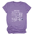 Macro detail of purple cotton T-shirt featuring retro Date Due library card print - S / Purple