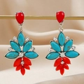 Macro view of bohemian drop earrings with red teardrops and turquoise stones - Bohemian Ethnic Flower Cluster Style (EQ144) / Silver/Red/Turquoise