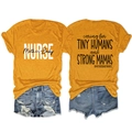 Front and back view of yellow Nurse Mother-Baby T-shirt with caring for tiny humans text - S / Mustard Yellow