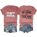 Women's casual t-shirt and ripped denim shorts set with Caring for Tiny Humans print - S / Rose Gold