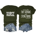Front and back view of dark green t-shirt with Nurse and Mother Baby printing - S / Army Green