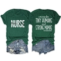 Detail view of cotton t-shirt with nursing themed graphic and denim shorts set - S / Vintage Green