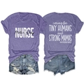 Detail view of purple T-shirt with Caring for Tiny Humans print and denim shorts - S / Purple