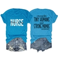 Flat lay of blue cotton t-shirt with NURSE print and distressed denim shorts summer set - S / Lake Blue
