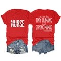 Detailed back view of red cotton T-shirt featuring caring for tiny humans nurse print - S / Red