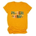 Detail of physical therapy print on casual yellow short sleeve cotton t-shirt for women - S / Mustard Yellow (Black Letters)