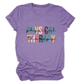 Détail de l'imprimé Physical Therapy sur un t-shirt en coton violet chiné pour femme - Violet (Lettres Noires)