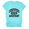 Macro shot of turquoise V-neck T-shirt with black Certified Nursing Assistant text - Deep Water Blue (Black Font)