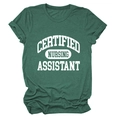 Close-up of the screen-printed Certified Nursing Assistant text on a green cotton T-shirt - Retro Green (White Font)