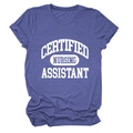 Detail of rolled cuffs and white lettering on purple nursing assistant t-shirt - Retro Blue (White Font)