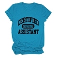 Close-up of bright blue nursing assistant t-shirt with black letter print on white background - Lake Blue (Black Font)