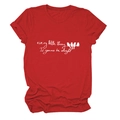 Detail view of the rolled cuff sleeves and white graphic print on a bright red t-shirt - Red (White Text)