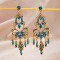 Bohemian vintage hollow gold alloy earrings with blue rhinestones and fringe tassels - Light Blue
