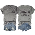 Front and back view of counselor mode printed gray t-shirt with denim shorts set - Heather Grey (Black Text Colorful Graphic)