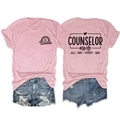 Flat lay of pink Counselor graphic t-shirt and distressed denim shorts showing front and back - Pink (Black Graphic)