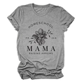 Detail eines grauen T-Shirts mit Blumenzeichnung und HOMESCHOOL MAMA Grafikdruck - S / Dunkelgrau (Schwarzer Text)