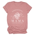 Détail du graphique floral et typographie Homeschool Mama sur T-shirt en coton rose chiné - Or Rose (Texte Blanc)