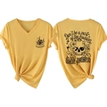 Dettaglio fronte e retro della maglietta gialla con scollo a V e stampe floreali - S / Giallo (Stampa Nera)