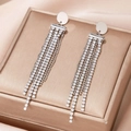 Silver flower tassel earrings with white zircon on a champagne luxury jewelry box - Silver Round Stud Rhinestone Tassel Style (EQ254)