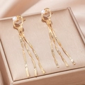 Elegant long gold tassel earrings with zircon flowers and snake chain fringe details - Gold Ring Pearl Snake Chain Tassel Style (EQ258)