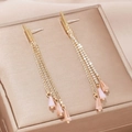 Elegant long gold tassel earrings with sparkling rhinestones and pink floral petal drops - Gold Geometric Pyramid Tassel Style (EQ261)