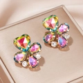 Chic gold-tone butterfly stud earrings with colorful gradient crystals on jewelry box - Multicolor