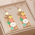 Elegant gold alloy drop earrings with colorful floral enamel patterns and pearl accents - Rainbow