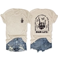 Front and back view of oatmeal t-shirt featuring rock hand, butterfly and lightning graphics - S / Tops / Sand (Black Graphic)