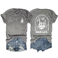 Front and back detail of grey Mom Life t-shirt and denim shorts with rock hand graphic - S / Tops / Dark Grey (White Graphic)