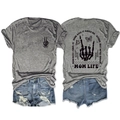 Flat lay of gray MOM LIFE t-shirt and ripped denim shorts set with rock hand graphics - S / Tops / Dark Grey (Black Graphic)