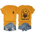 Flat lay detail showing front and back design of Mom Life T-shirt and denim shorts set - S / Tops / Mustard Yellow (Black Graphic)
