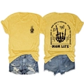 Vorder- und Rückansicht des gelben T-Shirts mit Mom Life Totenkopf und Rock-Print - S / Oberteile / Gelb