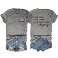 Detail of grey crewneck T-shirt back print LOVE THEM SPOIL THEM with denim shorts - S / Tops / Dark Grey (Black Print)