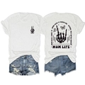 Vorder- und Rückansicht des weißen Baumwoll-T-Shirts mit Print und zerrissenen Jeansshorts - S / Oberteile / Weiß