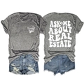 Close-up of double-sided Ask Me About Real Estate graphic print on a gray cotton t-shirt - S / Dark Grey (White Graphic)