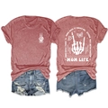 Vorder- und Rückansicht des Sommer-T-Shirts in Pflaume mit Skeletthand-Aufdruck - S / Oberteile / Roségold