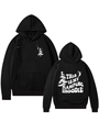 Vorder- und Rückseite des schwarzen Camping-Hoodies mit Tannenprints und Textdesign - S / Schwarz