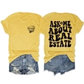 Front and back views of a yellow real estate graphic t-shirt with cotton texture - Yellow (Black Graphic)