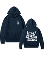 Detailed front and back view of navy blue camping hoodie with pine tree prints - Navy Blue