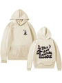 Detail of apricot camping hoodie with pine tree chest print and ribbed cuffs - Sand